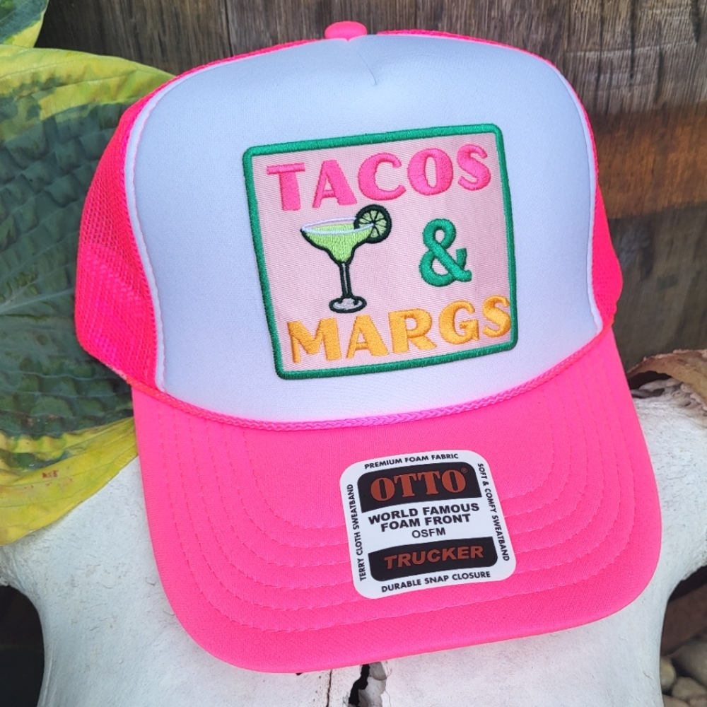 Tacos & Margs Patch Trucker Hat Neon Pink